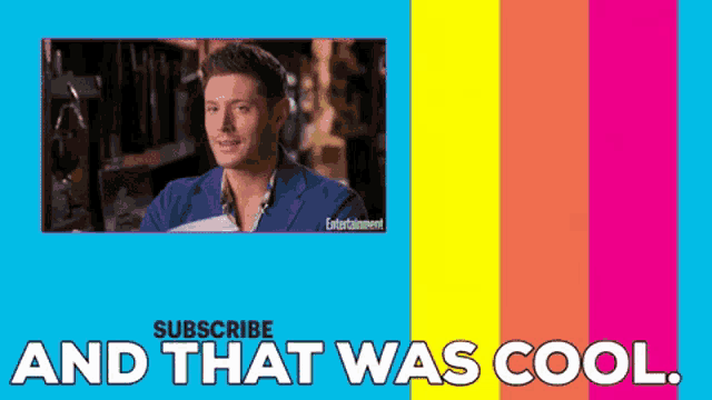 a colorful poster with a man in a blue suit and the words subscribe and that was cool .