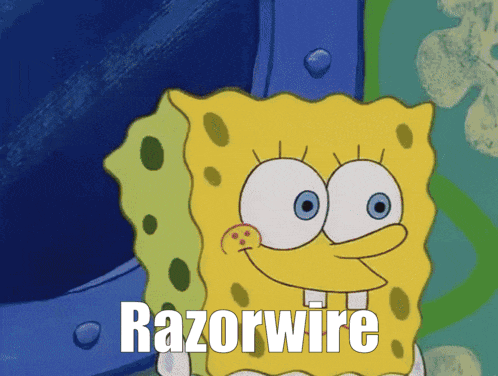 a cartoon of spongebob with the word razorwire on his face