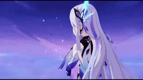a girl with long white hair and a blue feather in her hair is standing in front of a purple sky .