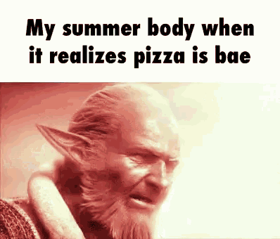 a man with a beard and elf ears is making a funny face while eating pizza .