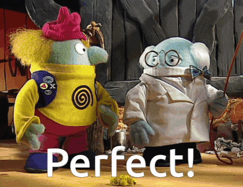 two stuffed animals are standing next to each other and the words perfect are on the bottom right
