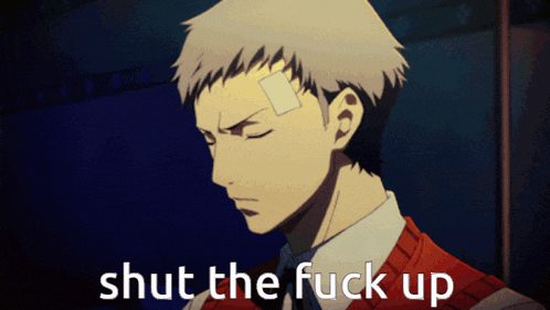 a man with a bandage on his forehead has the words shut the fuck up below him