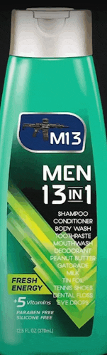 a bottle of men 13 in 1 shampoo conditioner body wash and deodorant