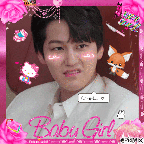 a picture of a boy with a hello kitty face and the words baby girl
