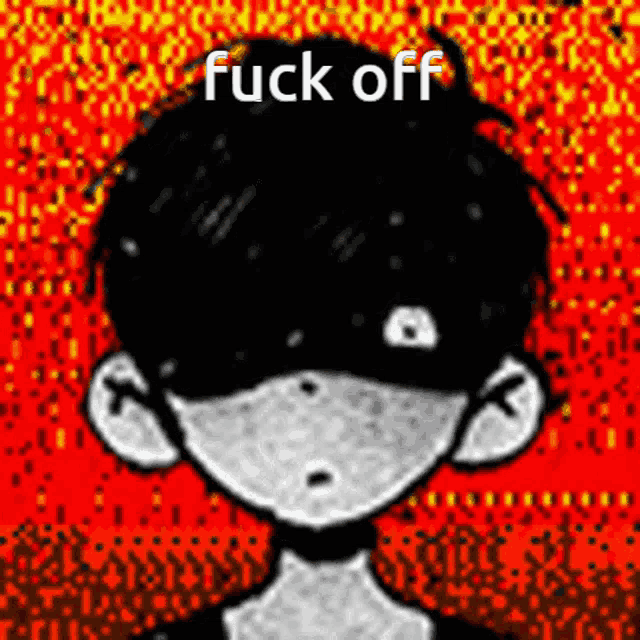 a black and white drawing of a boy with a red background and the words `` fuck off '' written on it .