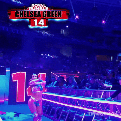 a woman in a bikini stands in front of a sign that says chelsea green 14
