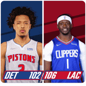 two basketball players from the pistons and the clippers are standing next to each other