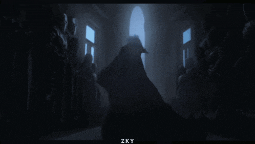 a group of people are standing in a dark room with the word zky on the bottom