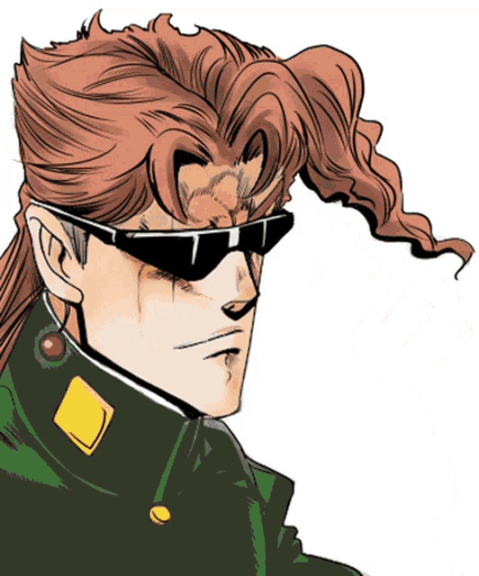 a cartoon drawing of a man wearing sunglasses and a green jacket
