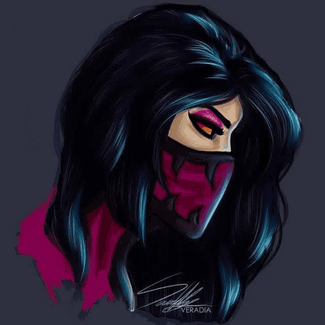 a drawing of a woman with long black hair and a pink mask .