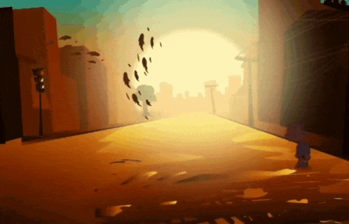 a cartoon drawing of a city street with the sun shining on it