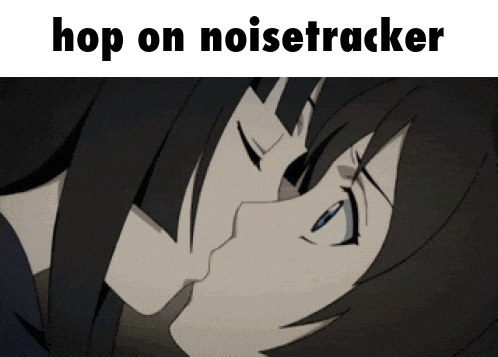 a couple of anime girls kissing with the words hop on noisetracker below them