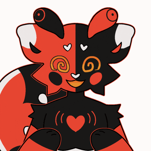 a drawing of a red and black animal with hearts and a heart on its chest