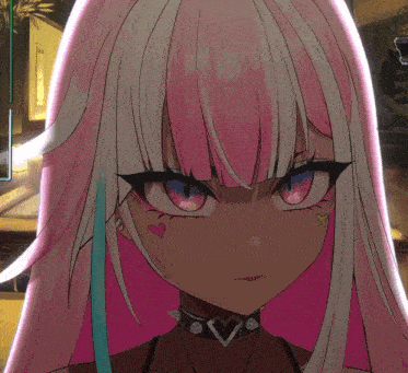 a girl with pink and white hair has a heart on her face