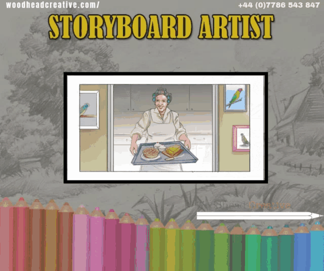 a drawing of a woman holding a tray of food with the words storyboard artist above it