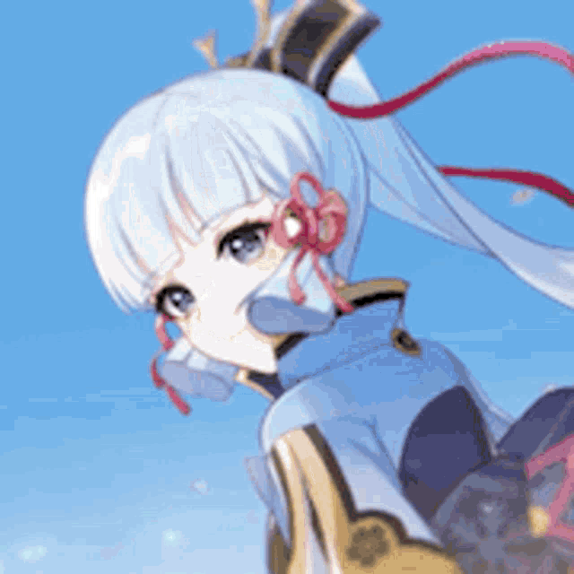 a close up of a anime girl with long white hair and a blue sky in the background .