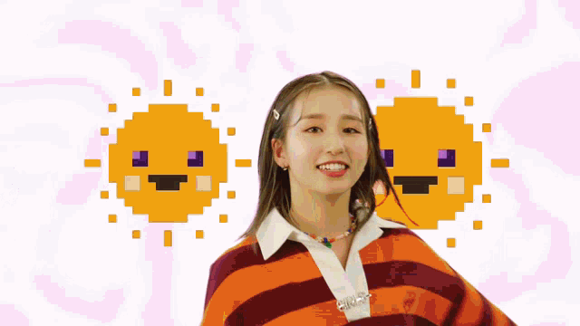 a woman in a striped shirt is smiling in front of a pixelated sun