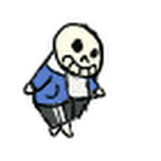 a cartoon drawing of a skeleton in a blue jacket and black pants .
