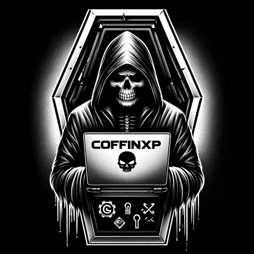 a black and white illustration of a skeleton in a hood holding a laptop with the word coffinxp on it