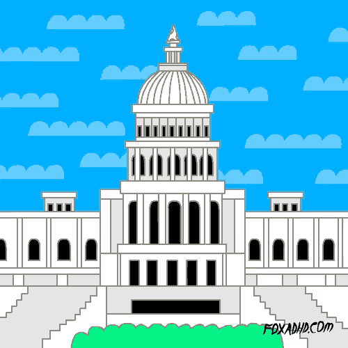 a cartoon drawing of a capitol building with foxadhd.com written below it