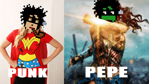 a woman wearing a wonder woman t-shirt next to a picture of a pixelated woman