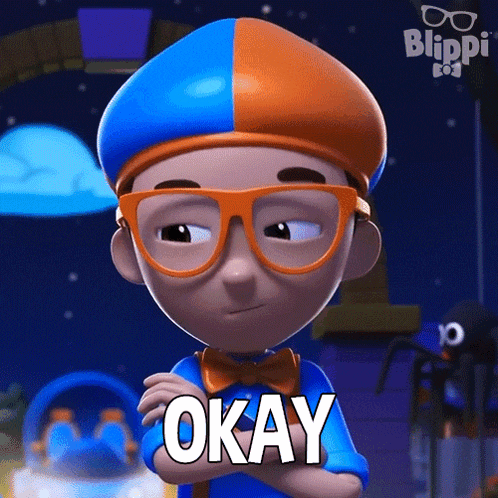 a cartoon character is wearing glasses and a hat and says okay .