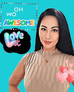 a woman is standing in front of a sign that says oh wow awesome