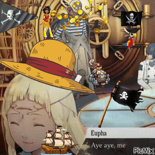 a picture of a girl with a pirate hat and a pirate flag with the name eupha on it