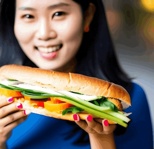 a woman with pink nails is holding a sandwich in her hands