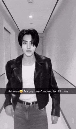 a black and white photo of a man with a caption that says he frozen