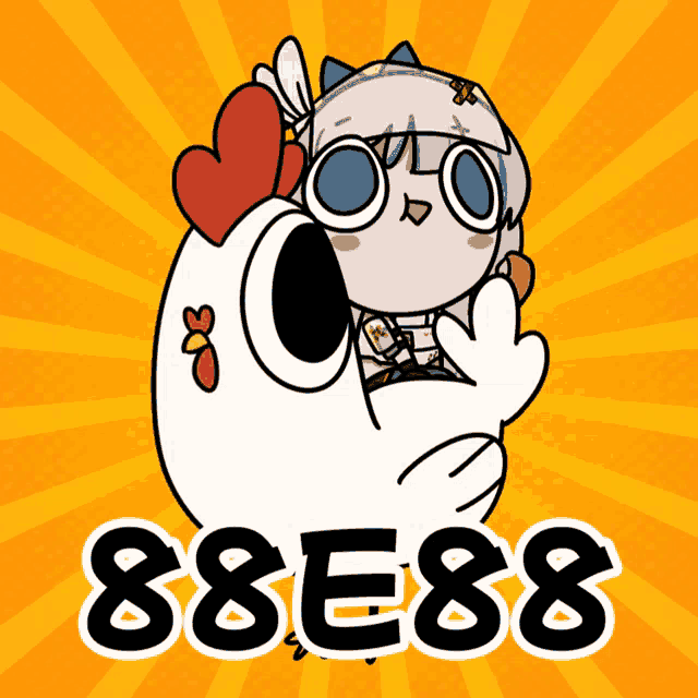a cartoon of a chicken with the number 88e88 written below it