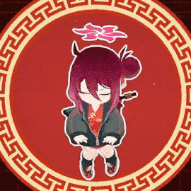 a girl with purple hair is standing in a circle with a greek key pattern