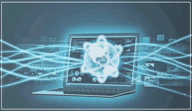 a laptop with a glowing globe on the screen is surrounded by glowing lines