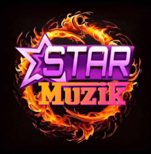 a logo for star muzik with a star and flames