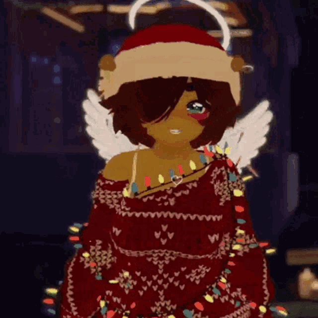 a cartoon girl wearing a santa hat and a red dress with christmas lights around her neck .