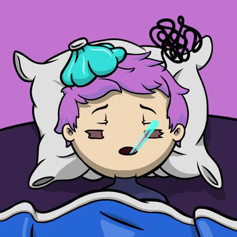 a cartoon of a person in bed with a thermometer in their mouth