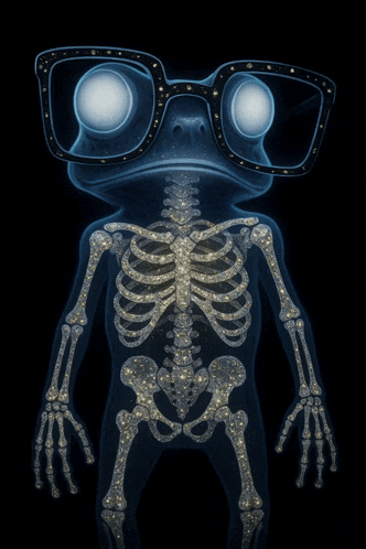 an x-ray of a frog with glasses and a skeleton giving the peace sign