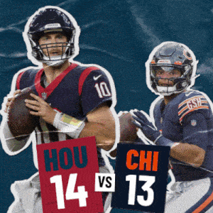 a football player holding a ball stands next to another player with a sign that says hou 14 vs 13