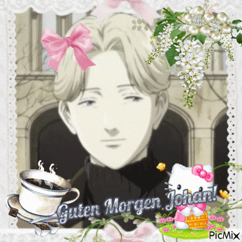a picture of a man with a cup of coffee and the words guten morgen johan on it