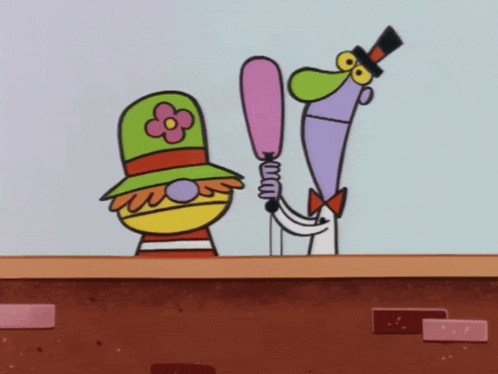 two cartoon characters are standing next to each other with bonk written in pink