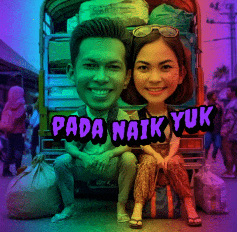 a man and a woman are sitting on the back of a truck with the words pada naik yuk written above them