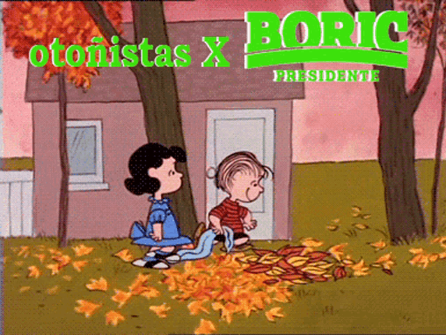 a cartoon of a boy and a girl standing in front of a house with the words otonistas x boric presidenti