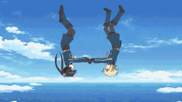 two anime characters are flying upside down in the sky