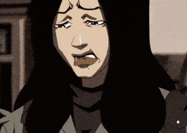 a cartoon of a woman with long black hair making a face