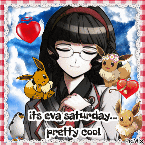 a girl is surrounded by eevees and penguins and says " it 's eva saturday pretty cool "