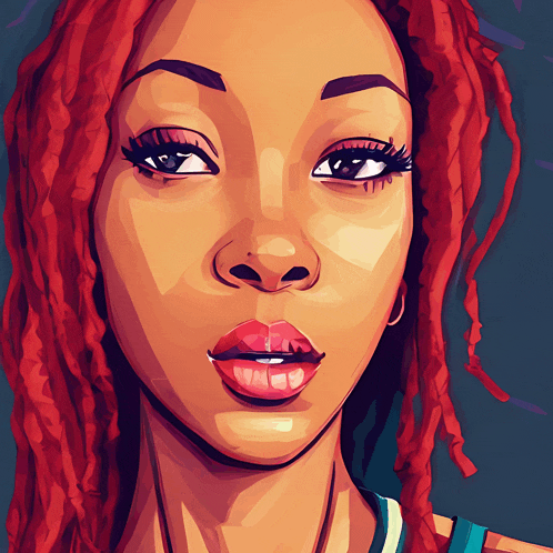 a close up of a woman 's face with red hair and red lips