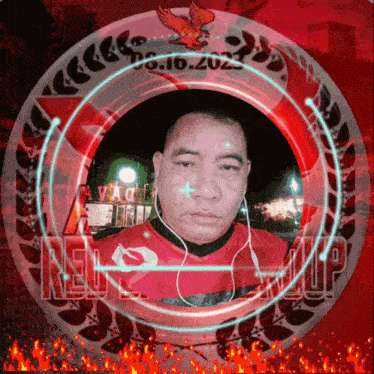 a man in a red shirt is surrounded by a red circle with the word red on it