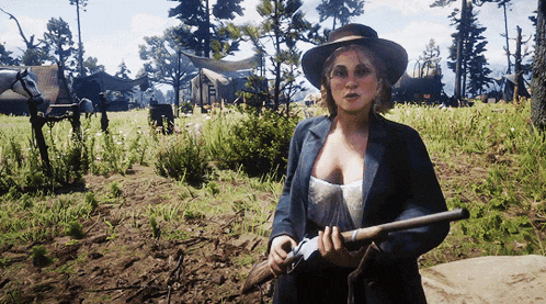 a woman in a cowboy hat is holding a gun in a video game