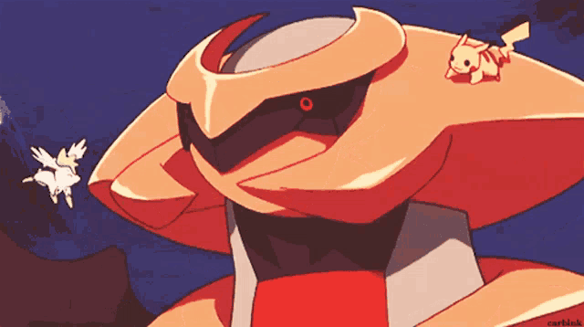 a cartoon drawing of a robot with pikachu on top
