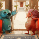 two cartoon characters are waving at each other in a doorway .